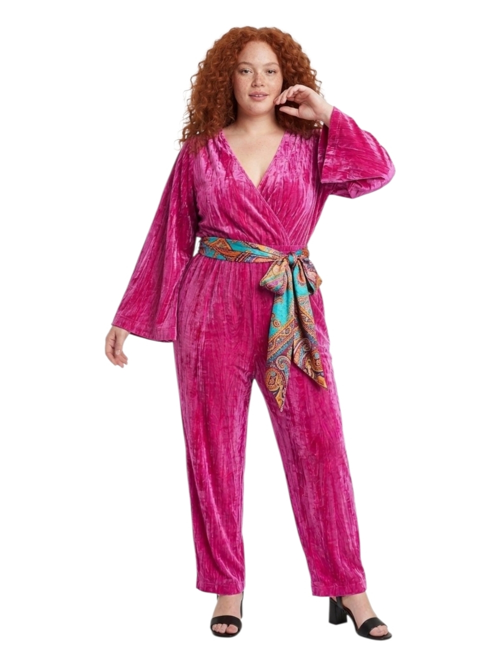 A New Day Women's Bell Sleeve Velour Jumpsuit NWT Hot Pink M Lush Party Suit - Picture 2 of 10